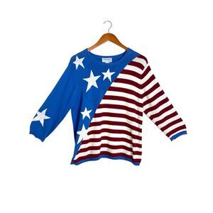 VTG Stars & Stripes Blue Colorblock 3/4 Sleeve Crewneck Pullover Sweater